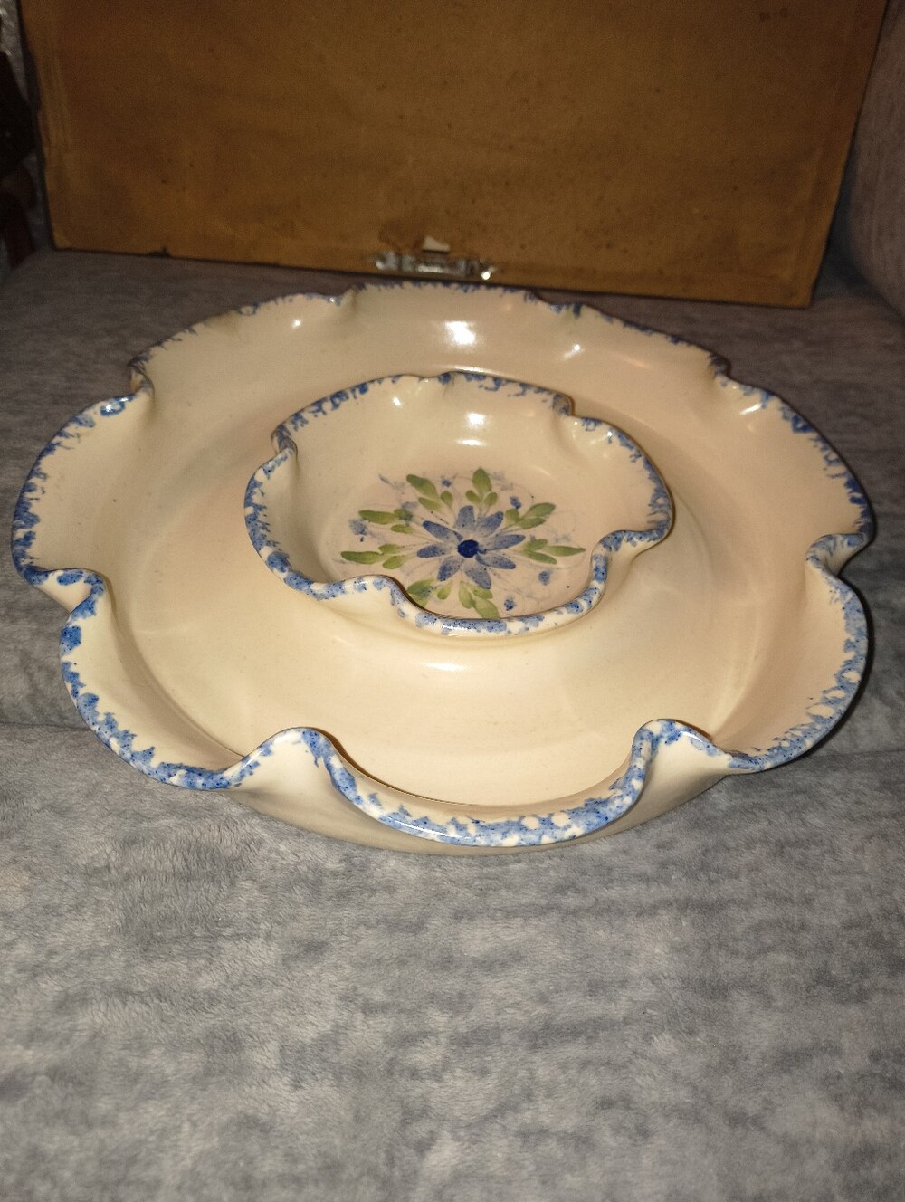 Hand-Painted Cream Ceramic Serving Bowl with Blue Trim and Floral Center